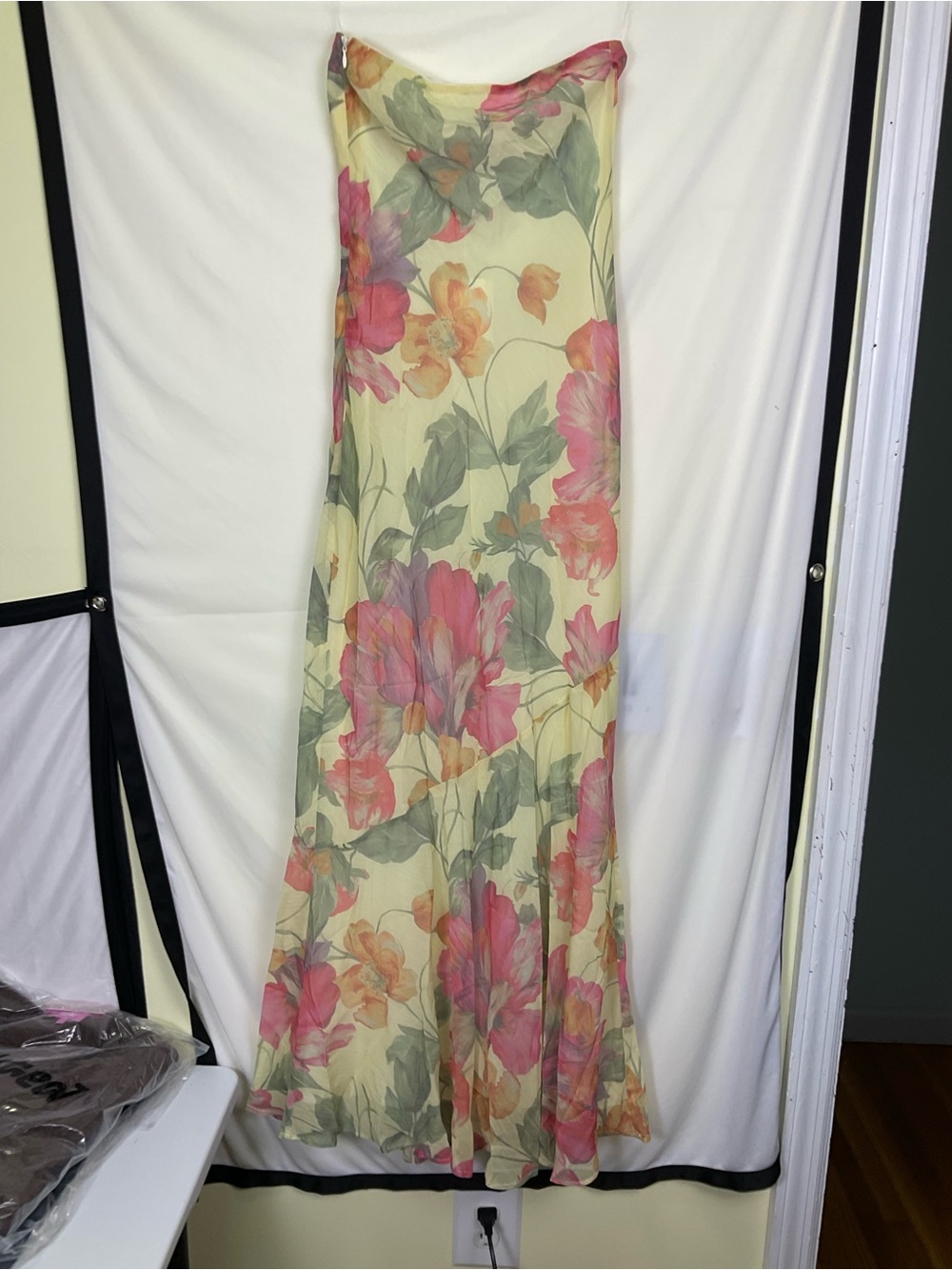 Under The Pagoda Maxi Dress Strapless Maxi Dress in Yellow Peony with Scarf - Picture 7 of 16
